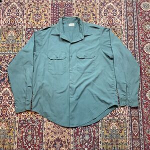 Vintage 50s 60s Koratron Long Sleeve Button Up two pocket work‎ Shirt Teal L-XL